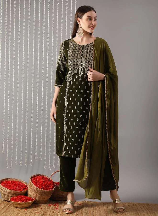 Globus  Women Green Ethnic Print Straight Kurta with Pant and Dupatta Set for Women | Best Price UAE
